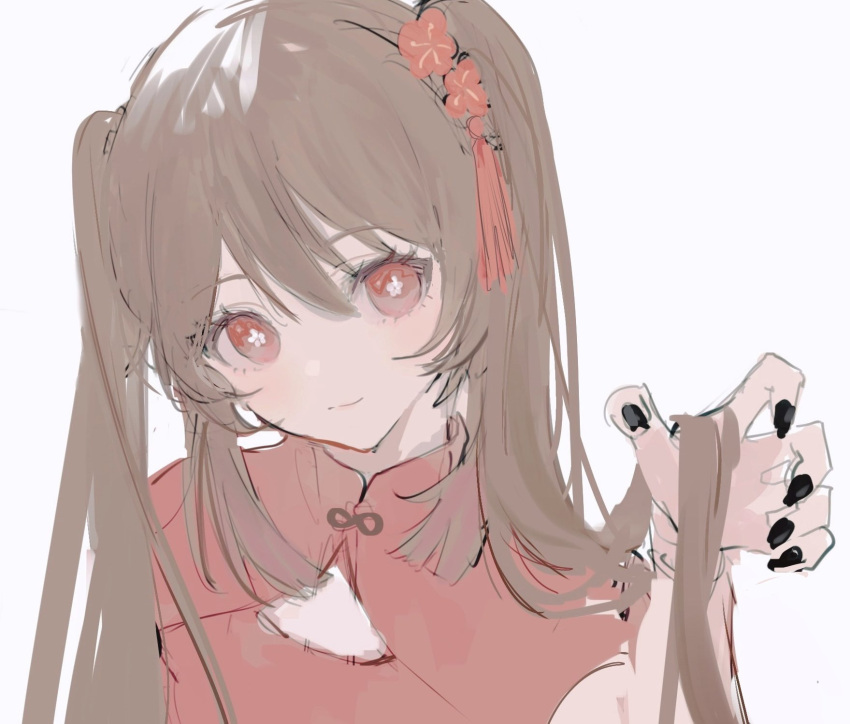 1girl black_nails china_dress chinese_clothes claw_pose dress flower flower-shaped_pupils genshin_impact hair_between_eyes hair_flower hair_ornament highres hu_tao_(genshin_impact) long_hair looking_at_viewer nokoru_sora red_dress red_eyes red_flower simple_background smile solo symbol-shaped_pupils tassel tassel_hair_ornament twintails upper_body very_long_hair white_background