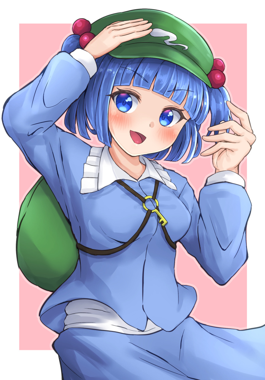 1girl :d arm_up backpack bag bangs blue_eyes blue_hair blue_skirt blunt_bangs blush border breasts frilled_shirt_collar frills green_headwear hair_bobbles hair_ornament hands_up hat highres houri_sh kawashiro_nitori key long_sleeves looking_at_viewer medium_breasts open_mouth pink_background shirt skirt smile solo touhou two_side_up upper_body v-shaped_eyebrows white_border