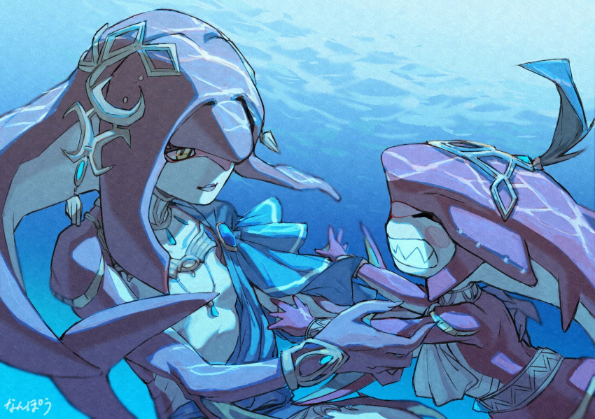 1boy 1girl aged_down artist_name breasts brother_and_sister choker closed_eyes colored_skin fins fish_boy fish_girl gills grin head_fins highres jewelry looking_at_another male_child mipha monster_boy monster_girl multicolored_skin nanpou_(nanpou0021) outstretched_arms red_skin sharp_teeth siblings sidon small_breasts smile teeth the_legend_of_zelda the_legend_of_zelda:_breath_of_the_wild two-tone_skin underwater upper_body white_skin yellow_eyes zora