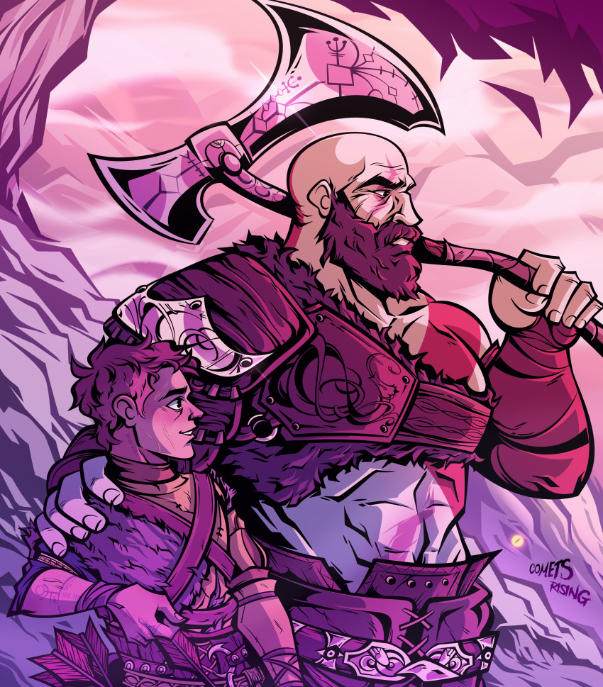 2boys absurdres arm_on_shoulder arrow_(projectile) atreus axe bald beard bishounen bodypaint bow_(weapon) closed_mouth colored_skin cometsrising commentary english_commentary facial_hair father_and_son god_of_war highres holding holding_arrow holding_axe holding_weapon kratos male_focus monochrome multiple_boys muscular muscular_male outdoors pale_skin quiver short_hair signature tattoo teeth weapon white_skin