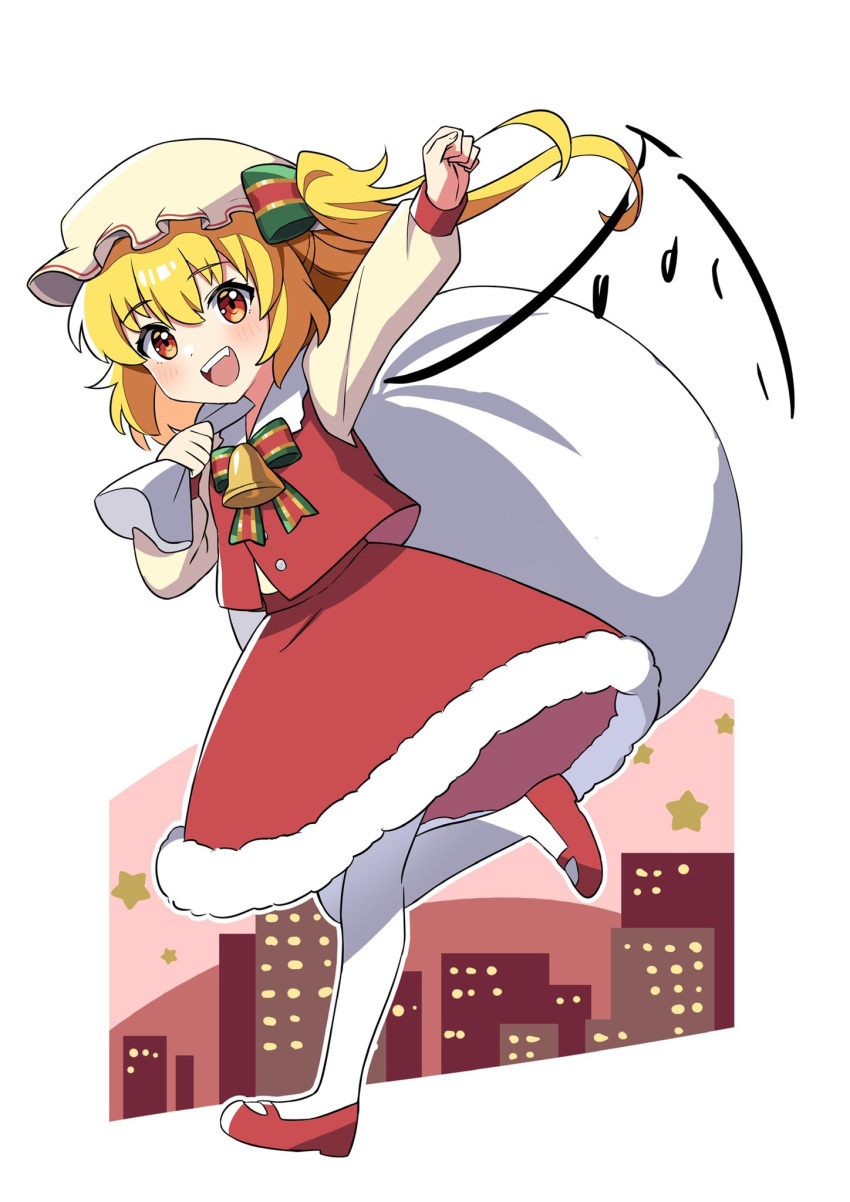 1girl :d blonde_hair cityscape flandre_scarlet full_body fur_trim hat highres long_sleeves looking_at_viewer miz_(mizillustration) mob_cap one_side_up open_mouth red_eyes red_footwear red_skirt red_vest sack skirt smile solo star_(symbol) touhou vest white_headwear