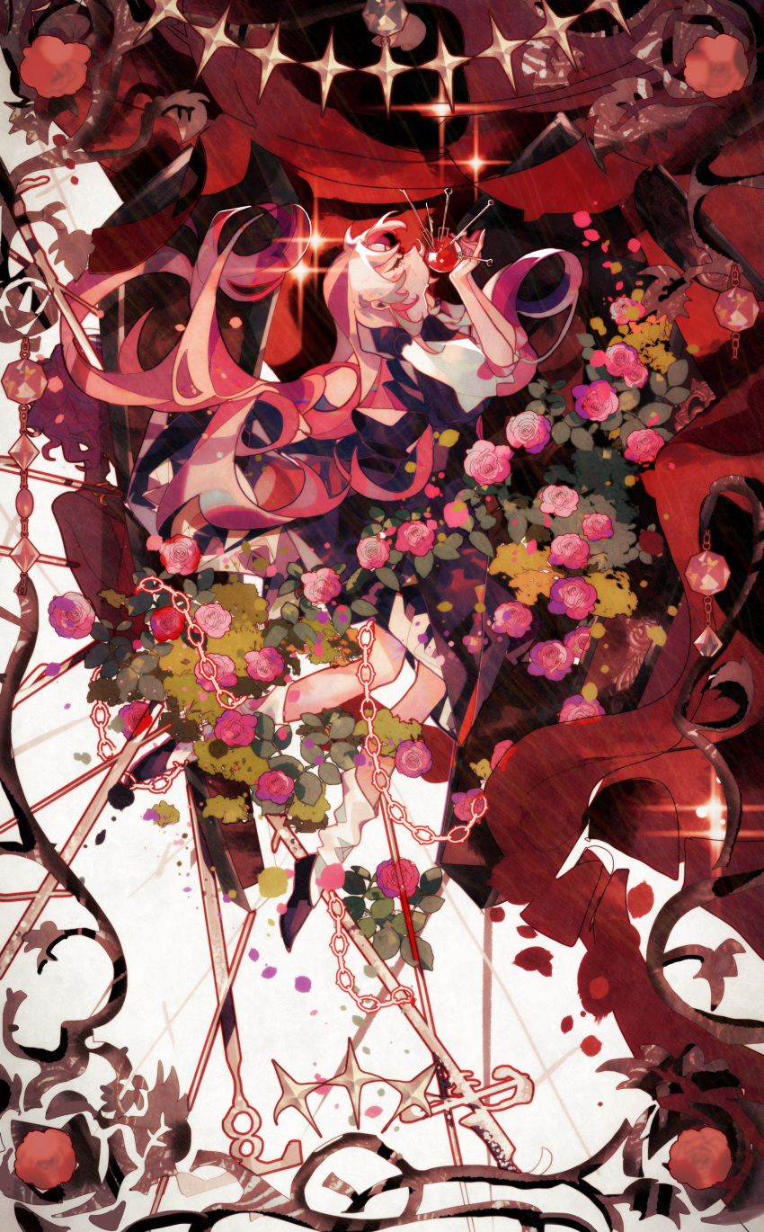 absurdres apple chain closed_eyes closed_mouth flower food fork fruit highres himemiya_anthy holding knife leaf long_hair pink_flower pink_hair pink_rose plant rose shoujo_kakumei_utena solo_focus sparkle tears tenjou_utena vines wangling541