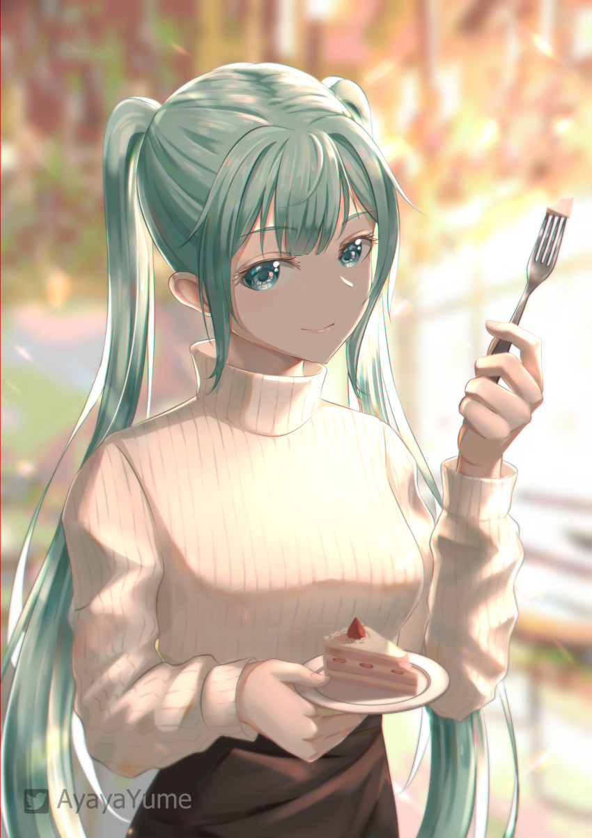 1girl absurdres aqua_hair blue_eyes blurry blurry_background cake cake_slice closed_mouth floating_hair food fork hair_intakes hatsune_miku highres holding holding_fork holding_plate long_hair long_sleeves plate ribbed_sweater shiny shiny_hair sinyamato96 smile solo sweater turtleneck turtleneck_sweater twintails twitter_logo twitter_username very_long_hair vocaloid white_sweater