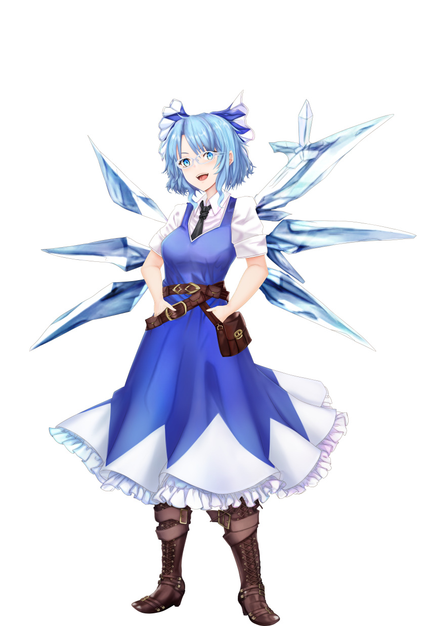 absurdres aged_up bag belt black_necktie blue_bow blue_dress blue_eyes blue_hair boots bow breasts brown_footwear cirno collared_shirt dress full_body glasses hair_bow high_heel_boots high_heels highres ice ice_wings long_dress medium_breasts necktie open_mouth pinafore_dress shirt short_hair smile standing tachi-e tk31 touhou transparent_background white_shirt wings