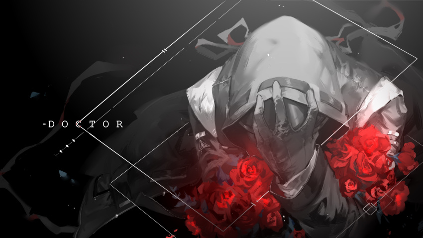 1other absurdres ambiguous_gender arknights character_name chinese_commentary coat commentary_request doctor_(arknights) dongsheng flower gloves hand_on_mask highres hood hood_up hooded_coat long_sleeves mask red_flower red_rose rose upper_body