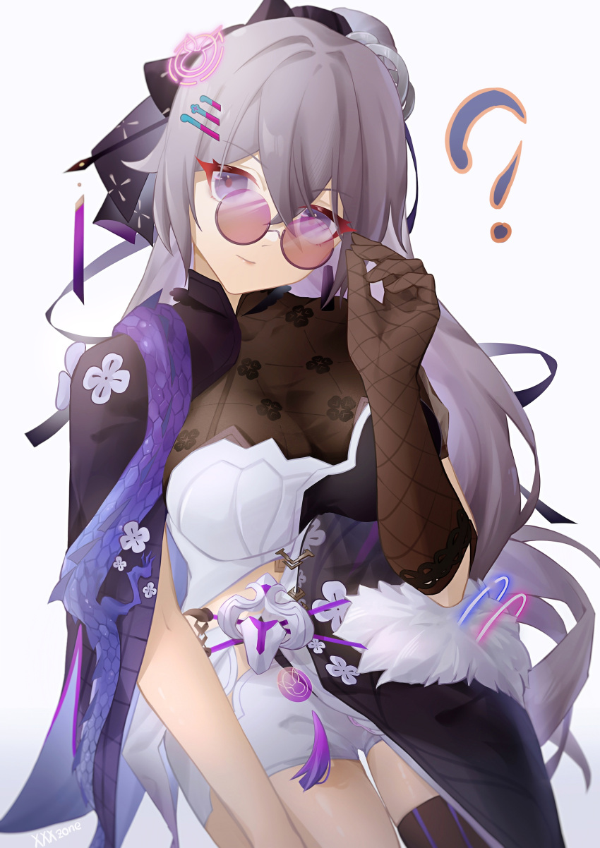 1girl ? absurdres bangs bronya_zaychik bronya_zaychik_(silverwing:_n-ex) brown_gloves brown_thighhighs china_dress chinese_clothes closed_mouth dress glasses gloves grey_eyes grey_hair hair_ornament hamilundenongdizhe highres honkai_(series) honkai_impact_3rd long_hair looking_at_viewer simple_background single_glove single_thighhigh solo thigh-highs white_background
