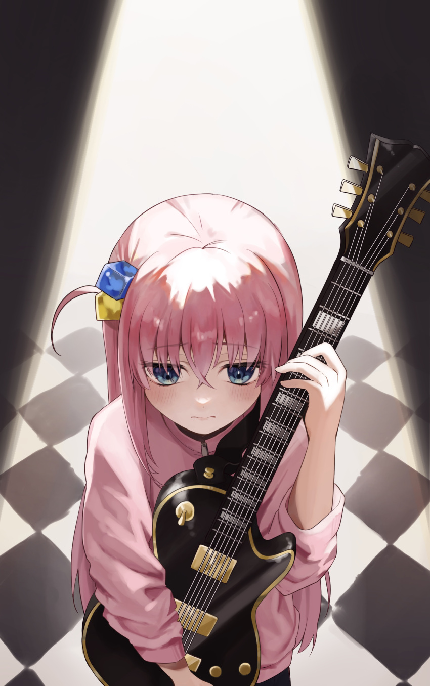 1girl absurdres bangs blue_eyes blush bocchi_the_rock! checkered_floor closed_mouth commentary cube_hair_ornament electric_guitar facing_viewer from_above gibson_les_paul gotou_hitori guitar hair_between_eyes hair_ornament hand_up highres holding holding_instrument instrument jacket long_bangs long_hair long_sleeves looking_away nanami_(u_nanamiii) one_side_up pink_hair pink_jacket sleeves_rolled_up solo spotlight standing upper_body