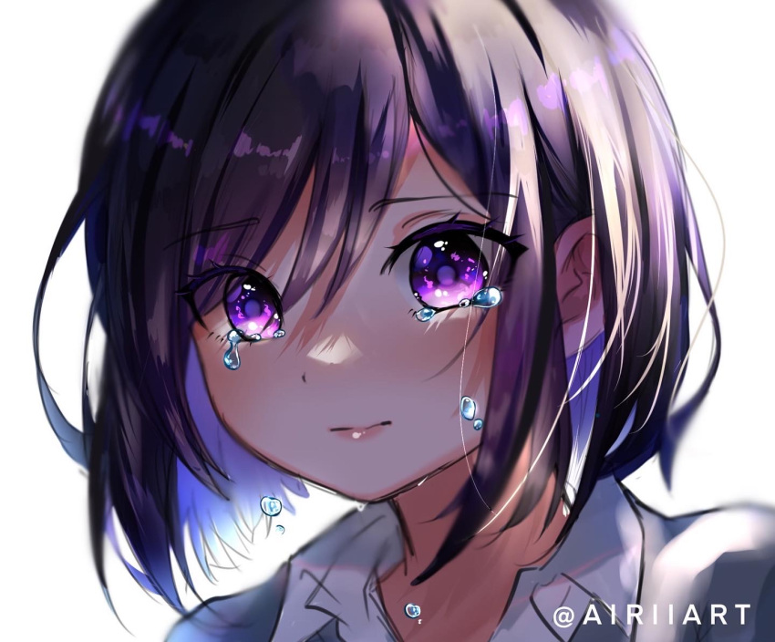 1girl airiiart artist_name bangs blush closed_mouth collared_shirt crying english_commentary instagram_username lips multicolored_hair original purple_hair shirt short_hair simple_background solo tears upper_body violet_eyes white_background white_shirt
