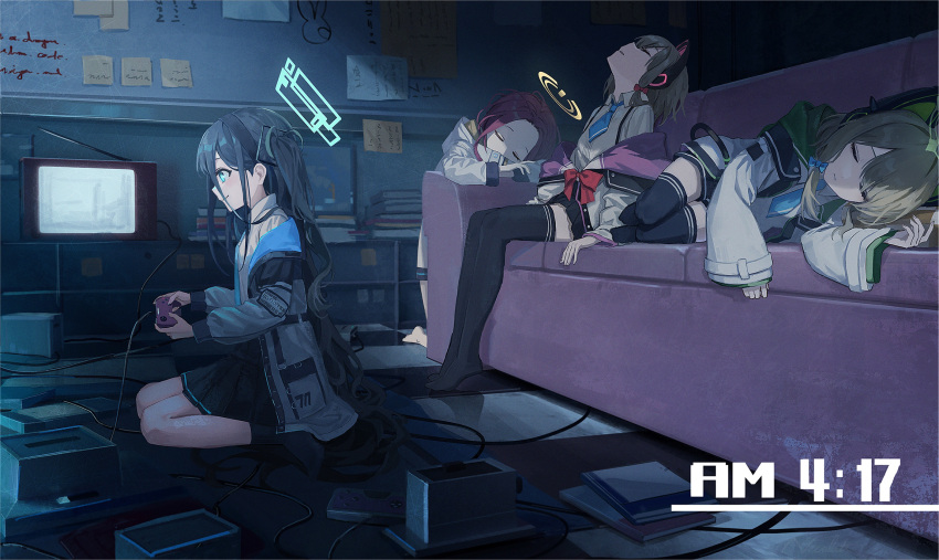 4girls animal_ear_headphones animal_ears aris_(blue_archive) bangs black_hair black_hairband black_pantyhose black_skirt black_socks blonde_hair blue_archive blue_bow blue_eyes blue_necktie book book_stack bow breasts cat_ear_headphones closed_eyes closed_mouth collared_shirt controller couch dated_commentary fake_animal_ears game_controller hair_between_eyes hair_bow hairband halo headphones highres holding holding_controller holding_game_controller hood hooded_jacket im_catfood indoors jacket kneeling long_bangs long_hair long_sleeves looking_at_object lying midori_(blue_archive) momoi_(blue_archive) multicolored_clothes multicolored_jacket multiple_girls necktie no_shoes off_shoulder on_couch on_side one_side_up open_clothes open_jacket pantyhose parted_bangs pink_hair playing_games pleated_skirt profile red_bow shirt short_hair shorts siblings sisters sitting skirt sleeping small_breasts smile socks sticky_note suspenders television tie_clip timestamp twins two-sided_fabric two-sided_jacket very_long_hair wariza white_jacket wide_sleeves yuzu_(blue_archive)