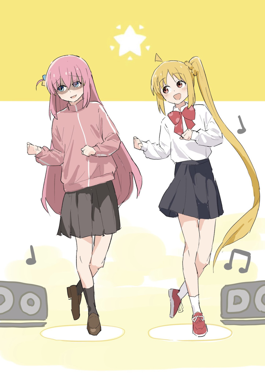 2girls bangs black_footwear black_skirt black_socks blonde_hair bocchi_the_rock! bow bowtie commentary cube_hair_ornament dancing full_body gotou_hitori hair_between_eyes hair_ornament hands_up highres ijichi_nijika jacket long_hair long_sleeves looking_to_the_side multiple_girls musical_note one_side_up ookiiayu open_mouth pink_hair pink_jacket pink_track_suit pleated_skirt red_bow red_bowtie red_eyes shaded_face shirt shoes side_ponytail sidelocks simple_background skirt smile sneakers socks speaker standing standing_on_one_leg star_(symbol) two-tone_background white_background white_shirt white_socks yellow_background