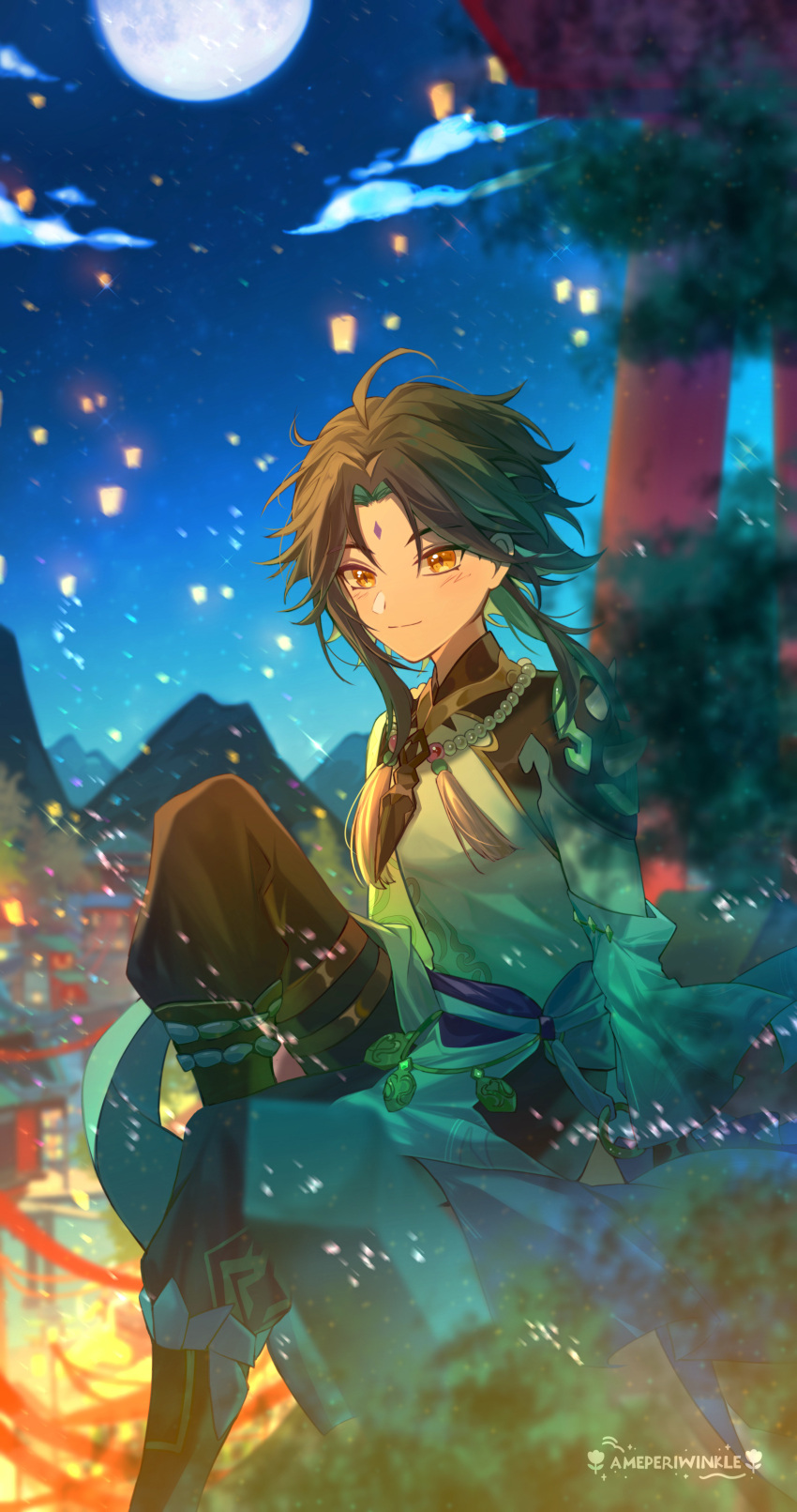 1boy absurdres bead_necklace beads black_hair genshin_impact green_hair highres jewelry male_focus moon multicolored_hair necklace night night_sky pants sky smile solo suzushi tree xiao_(genshin_impact) yellow_eyes