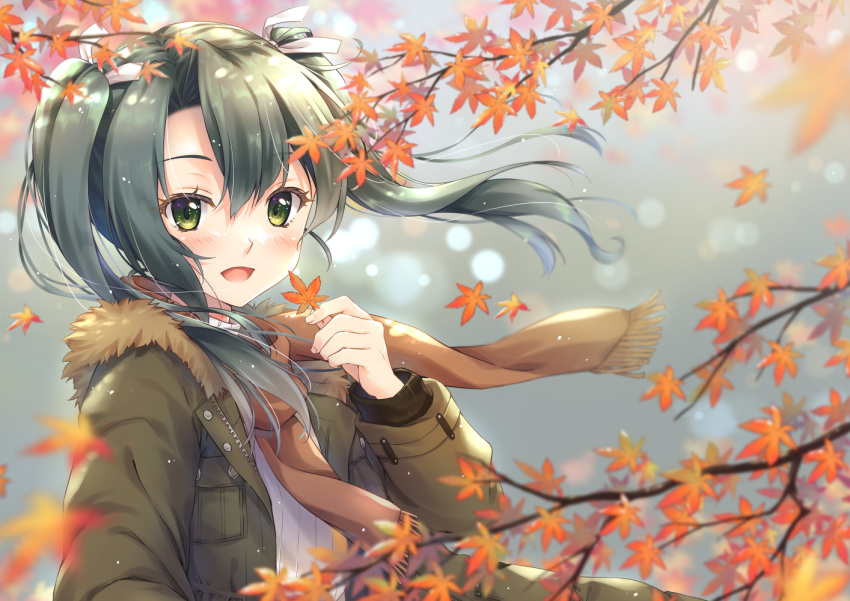 1girl autumn autumn_leaves blush brown_scarf green_eyes green_hair green_jacket hair_between_eyes holding holding_leaf jacket kantai_collection leaf long_hair long_sleeves maple_leaf minakami_nagara open_clothes open_jacket open_mouth scarf smile solo twintails upper_body zuikaku_(kancolle)