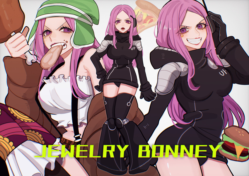 1girl absurdres anti-eyebrow_piercing character_name eating eyelid_piercing food grey_background grin highres jewelry_bonney lipstick long_hair makeup meat one_piece piercing pink_hair pizza smile violet_eyes