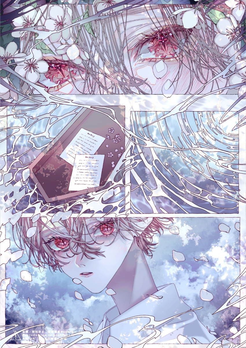 1boy bishounen blush cherry_blossoms eye_focus falling_petals highres male_focus multiple_views paper petals red_eyes sasame_20 shirt short_hair solo white_hair white_shirt wind