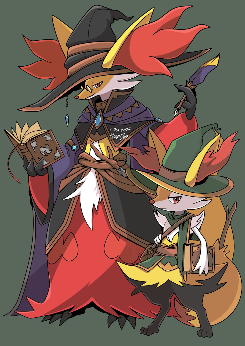 2others absurdres animal_ear_fluff animal_ears animal_feet animal_nose arm_at_side arm_up artist_name asymmetrical_sleeves bag black_capelet black_fur black_headwear blue_gemstone body_fur book bookmark braixen brooch capelet cloak closed_mouth clothed_pokemon commentary_request dated delphox ears_through_headwear fox_ears fox_tail full_body fur_collar furry gem green_background green_headwear green_scarf half-closed_eyes hanato_yousei hand_up happy hat highres holding holding_quill jewelry long_sleeves looking_at_viewer multicolored_fur multiple_others open_book other_focus pokemon pokemon_(creature) purple_cloak quill red_eyes red_fur sash scarf shoulder_bag signature simple_background smile snout standing stick tail uneven_sleeves waist_cape white_fur wide_sleeves witch_hat yellow_fur