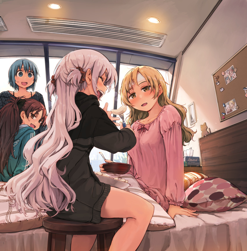 4girls ^_^ bed blonde_hair blue_eyes blue_hair blush bowl brown_eyes brown_hair ceiling ceiling_light closed_eyes day facing_another fang fever fisheye food fork grey_hair hair_ornament hair_scrunchie high_ponytail highres holding holding_bowl holding_fork hood hood_down hoodie long_hair long_sleeves looking_at_another mahou_shoujo_madoka_magica miki_sayaka momoe_nagisa multiple_girls on_bed on_stool open_mouth parted_lips pillow ryuunosuke_(luckyneco) sakura_kyouko scrunchie short_hair sick sitting sleepwear smile stool sweater tomoe_mami very_long_hair window yellow_eyes