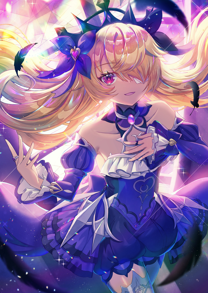 bare_shoulders bird black_feathers blonde_hair bow bowtie breasts chuunibyou collar crow crown detached_sleeves dress eyepatch feathers fischl_(genshin_impact) frilled_dress frills genshin_impact glitter hair_ribbon hand_on_own_chest high_heels highres jewelry long_hair princess_dress purple_bow purple_bowtie purple_ribbon raymond_busujima red_eyes ribbon ring shiny single_thighhigh small_breasts thigh-highs two_side_up vision_(genshin_impact) white_thighhighs