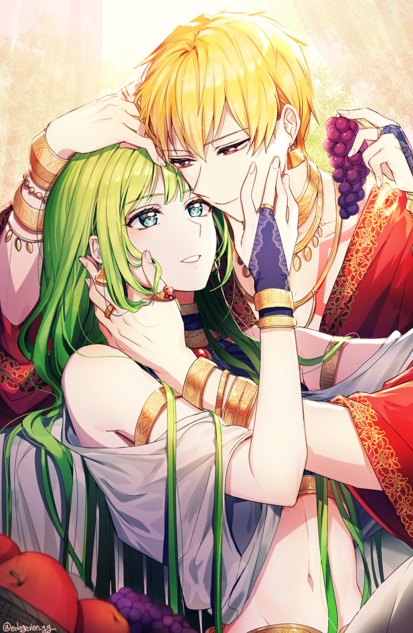 1boy 1other androgynous apple arabian_clothes armlet artist_name backlighting bangs bare_shoulders basket blonde_hair blush bracelet bridal_gauntlets closed_mouth clothing_cutout collarbone curtains earrings ede enkidu_(fate) eye_contact eyelashes fate/grand_order fate_(series) fingernails food fruit gem gilgamesh_(fate) glint gold_earrings gold_necklace gold_trim grapes green_eyes green_hair hair_between_eyes hand_on_another's_cheek hand_on_another's_face hands_up highres holding holding_food holding_fruit indoors jewelry long_hair looking_at_another male_focus midriff multiple_rings navel neck_ring necklace parted_lips red_eyes red_gemstone red_robe ring robe short_hair shoulder_cutout sidelocks sitting smile stomach teeth thumb_ring twitter_username upper_body very_long_hair wide_sleeves