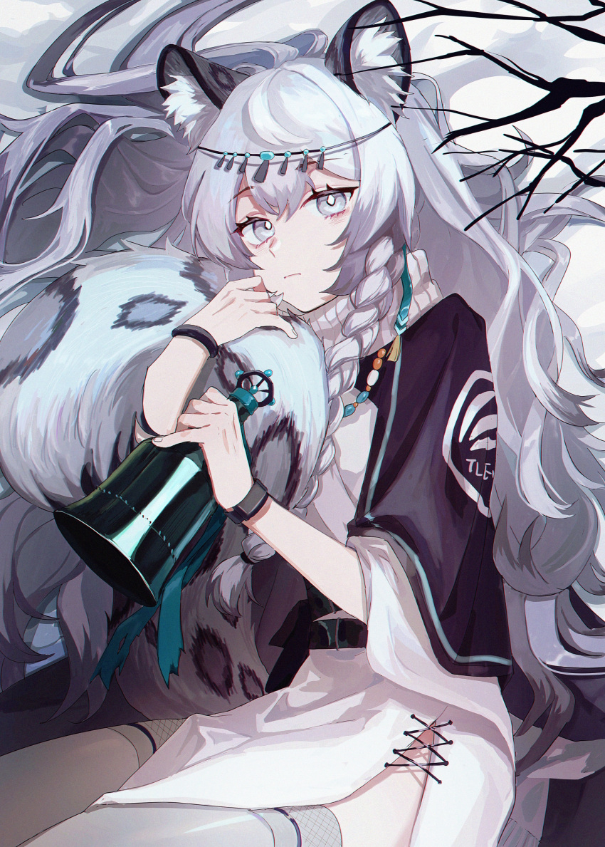 1girl absurdres animal_ear_fluff animal_ears arknights bell belt black_belt black_cape bracelet branch bright_pupils cape chinese_commentary closed_mouth commentary cowboy_shot dress expressionless grey_eyes grey_hair grey_thighhighs guoshixing highres hip_vent holding holding_bell hugging_own_tail jewelry kjerag_logo leopard_ears leopard_tail long_hair looking_at_viewer pramanix_(arknights) solo tail thigh-highs tiara very_long_hair white_dress white_pupils