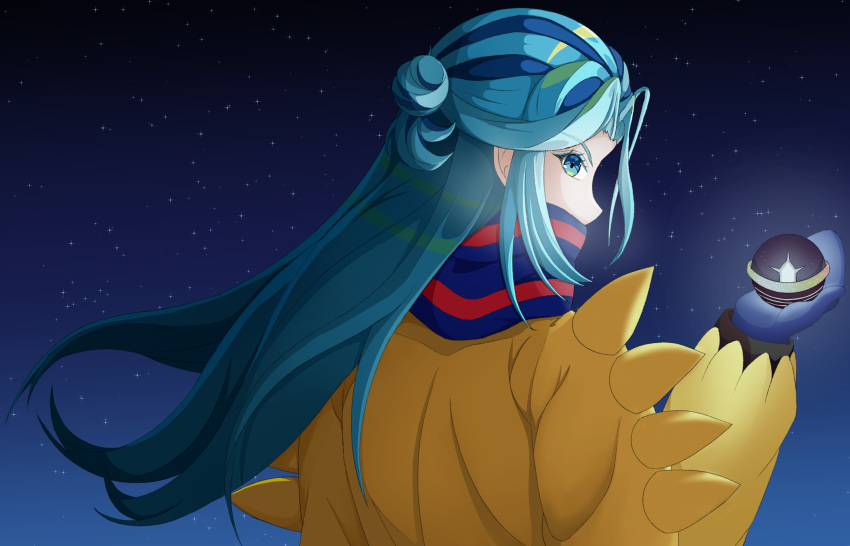 1boy absurdres aqua_hair blue_mittens blue_scarf commentary_request from_behind grusha_(pokemon) highres holding_tera_orb jacket long_hair long_sleeves male_focus night outdoors pokemon pokemon_(game) pokemon_sv scarf sky solo star_(sky) striped striped_scarf teaoe upper_body yellow_jacket