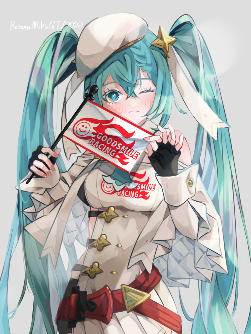 1girl belt beret blue_hair braid collar commentary fingerless_gloves gloves goodsmile_company goodsmile_racing hair_between_eyes hair_ornament hat hatsune_miku highres medium_hair micro_shorts racing_miku racing_miku_(2023) ribbon shorts sideless_outfit simple_background star_(symbol) syoku29 thigh-highs twintails vocaloid white_headwear