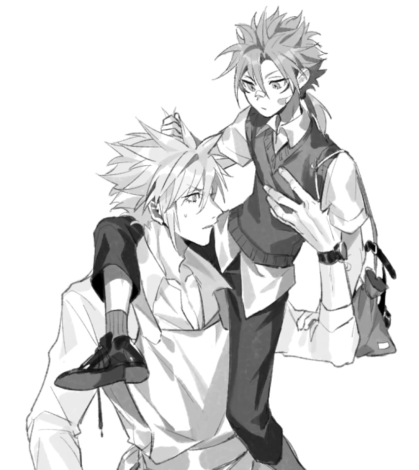 2boys aged_down alternate_costume bag bandaid bandaid_on_face bandaid_on_nose cardigan_vest cloud_strife collared_shirt dress_shoes final_fantasy final_fantasy_vii final_fantasy_vii_remake greyscale hair_between_eyes hand_in_another's_hair highres low_ponytail male_child male_focus monochrome multiple_boys pokashi reno_(ff7) school_uniform shirt short_hair_with_long_locks short_sleeves shoulder_bag sitting_on_shoulder spiky_hair sweatdrop time_paradox upper_body watch watch white_background white_shirt
