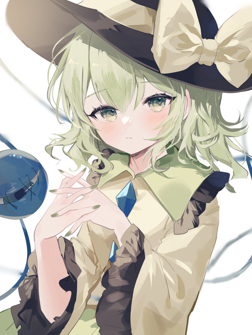 1girl black_headwear bow closed_mouth green_eyes green_hair green_nails hat hat_bow heart highres interlocked_fingers komeiji_koishi long_sleeves looking_at_viewer short_hair simple_background solo sorani_(kaeru0768) third_eye touhou upper_body white_background wide_sleeves yellow_bow