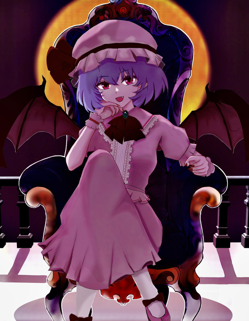 1girl :d bat_wings black_ribbon chair fang full_moon hat hat_ribbon highres mob_cap moon open_mouth outdoors pink_footwear pink_headwear pink_shirt pink_skirt pointy_ears purple_hair red_eyes remilia_scarlet ribbon shirt short_hair sitting skirt smile solo souichi0605 touhou wings