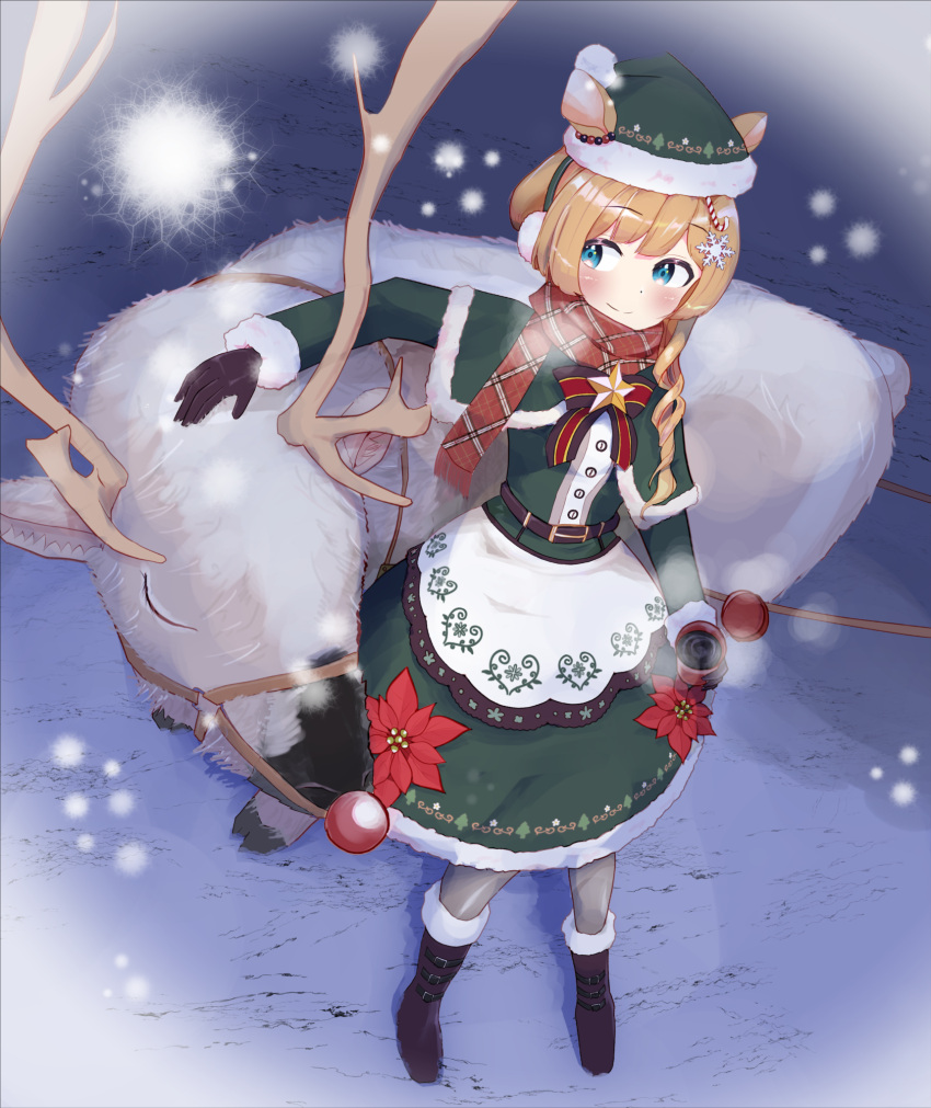 1girl animal_ears antlers bangs belt blonde_hair blue_eyes boots candy_cane_hair_ornament capelet christmas curly_hair deer_ears dress earmuffs eli_conifer fake_animal_ears fake_nose flower food-themed_hair_ornament fur-trimmed_boots fur-trimmed_capelet fur-trimmed_dress fur_trim gloves hair_ornament hair_over_shoulder harness hat highres looking_to_the_side nijisanji pantyhose petting poinsettia reindeer ribbon santa_hat sds_koutou smile snow snowflake_hair_ornament snowing solo star_(symbol) virtual_youtuber winter