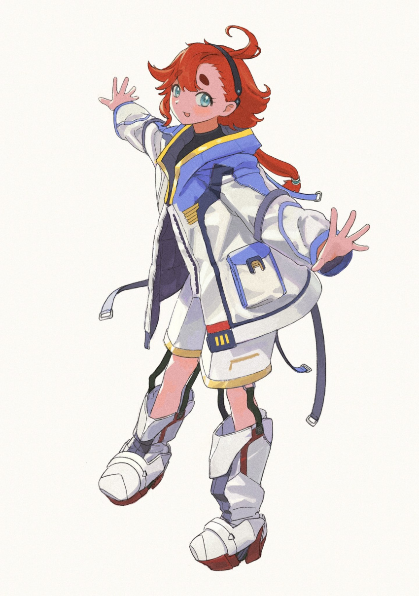1girl ahoge aqua_eyes black_hairband blush boots gold_trim gundam gundam_suisei_no_majo hair_between_eyes hair_tie hairband highres itousatousan jacket long_sleeves looking_at_viewer low_ponytail outstretched_arms parted_lips redhead short_hair_with_long_locks shorts single_sidelock smile solo standing suletta_mercury thick_eyebrows white_footwear white_jacket white_shorts