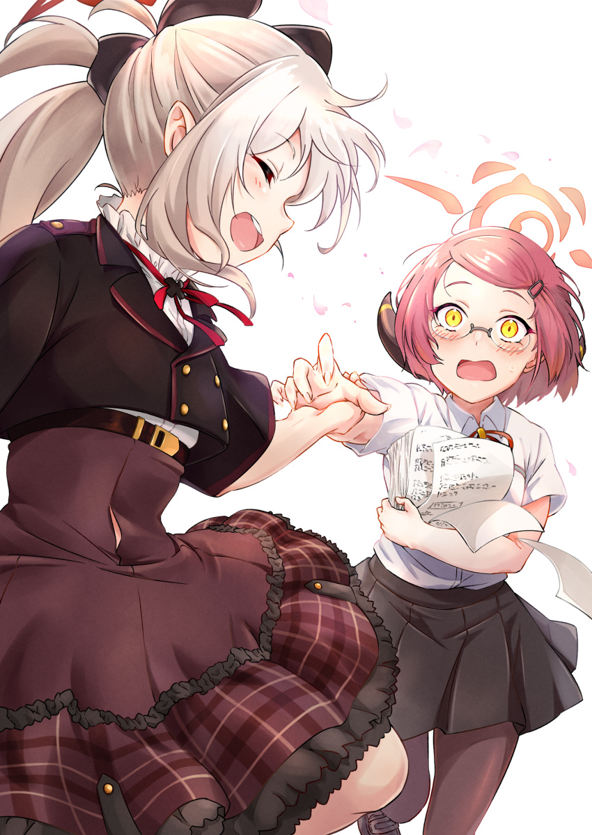 2girls aru_(blue_archive) black_pantyhose black_skirt blonde_hair blue_archive blush closed_eyes collared_shirt commentary_request feet_out_of_frame frilled_skirt frills glasses grey_hair halo highres holding holding_paper long_hair multiple_girls mutsuki_(blue_archive) neck_ribbon open_mouth pantyhose paper petals plaid plaid_skirt pleated_skirt pointy_ears raguro red_ribbon redhead ribbon rimless_eyewear shirt shirt_tucked_in short_hair simple_background skirt smile standing teeth upper_teeth_only white_background white_shirt