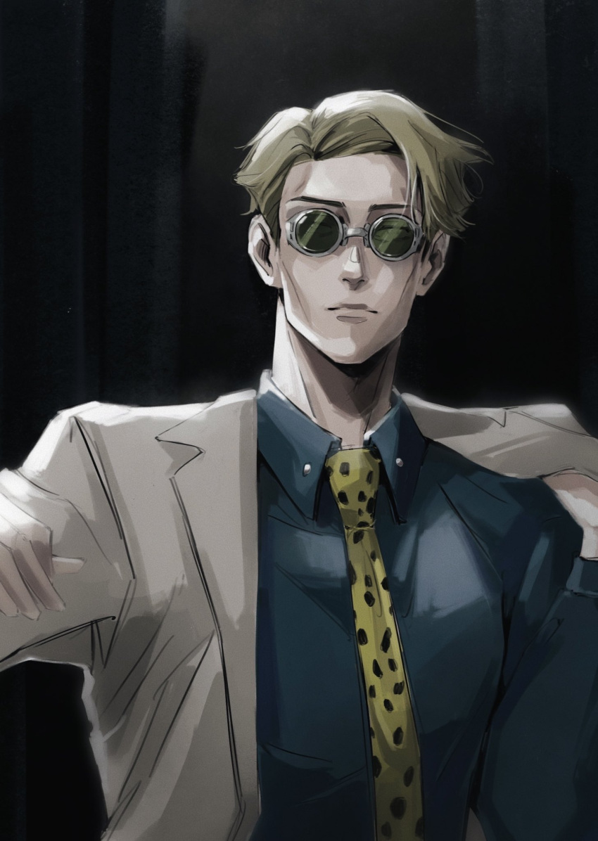 1boy animal_print arisha blonde_hair blue_shirt collared_shirt formal goggles grey_jacket grey_suit highres jacket jujutsu_kaisen leopard_print lips long_sleeves looking_at_viewer male_focus nanami_kento necktie shirt short_hair solo suit upper_body