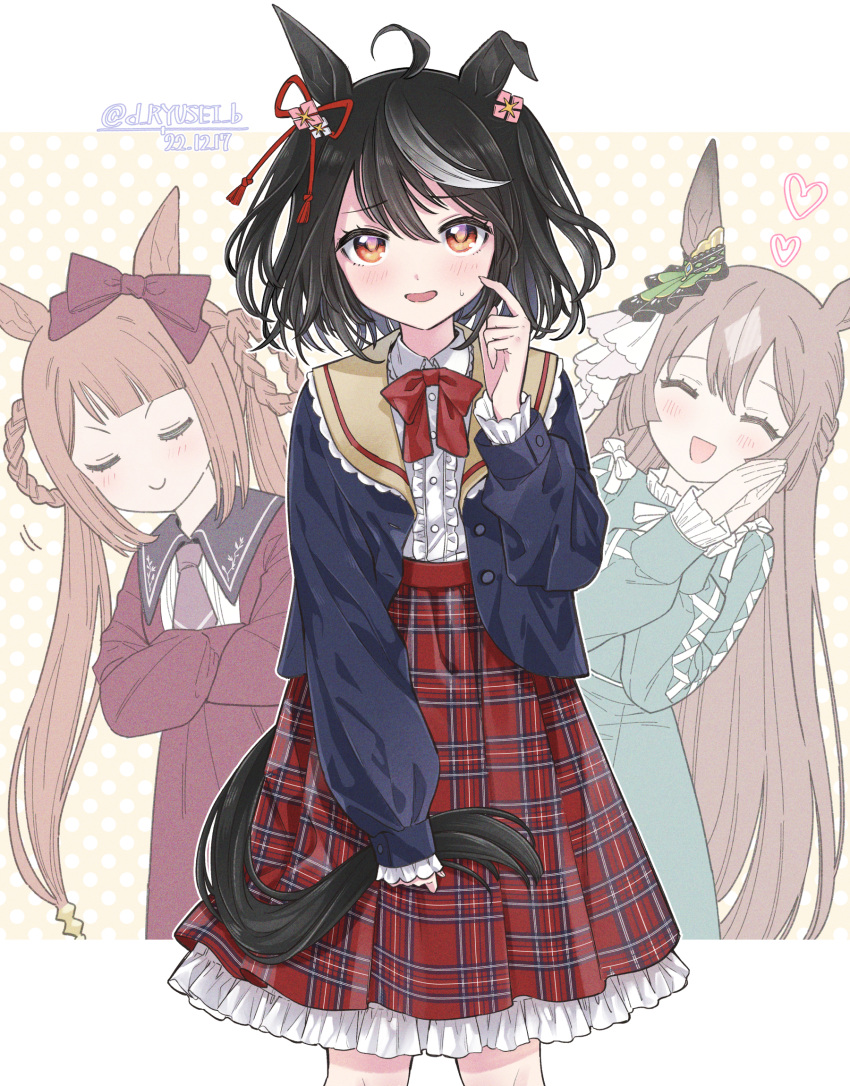 3girls ^_^ ahoge alternate_costume animal_ears bangs black_hair blue_jacket blush bow bowtie center_frills closed_eyes closed_mouth collared_shirt cowboy_shot cropped_jacket crossed_arms dated dress frills green_dress hair_bow hair_rings heart high-waist_skirt highres holding_own_tail horse_ears horse_girl horse_tail jacket kitasan_black_(umamusume) long_sleeves looking_at_viewer motion_lines multiple_girls necktie open_mouth orange_eyes own_hands_together petticoat pleated_skirt red_bow red_bowtie red_dress red_skirt ryusei_(ryusei_b) satono_diamond_(umamusume) shirt shirt_tucked_in short_hair skirt smile solo_focus standing sweatdrop sweep_tosho_(umamusume) tail twitter_username umamusume white_shirt