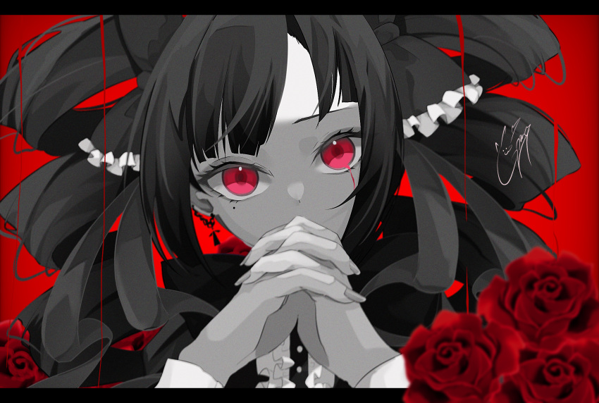 1girl bangs black_bow black_hair bow clenched_hands commentary_request ear_piercing fingernails flower frills goma_irasuto gothic hairstyle_request head_tilt highres long_hair looking_at_viewer mole original piercing red_background red_eyes red_theme rose signature simple_background solo