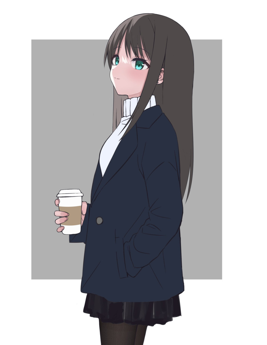 1girl black_jacket black_pantyhose black_skirt blush brown_hair cup dddd_akagi earrings green_eyes hand_in_own_hair highres holding holding_cup idolmaster idolmaster_cinderella_girls jacket jewelry light_smile long_hair looking_at_viewer pantyhose shibuya_rin simple_background skirt smile solo straight_hair stud_earrings sweater tumbler very_long_hair white_sweater