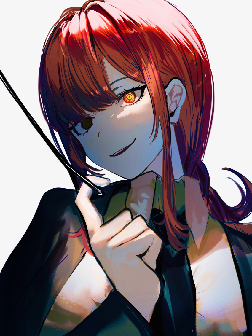 1girl absurdres bangs black_eyes black_necktie braid breasts chainsaw_man collared_jacket collared_shirt commentary_request grey_background grey_eyes hair_between_eyes hand_up heterochromia highres ikasoba jacket long_hair long_sleeves looking_at_viewer makima_(chainsaw_man) medium_breasts multicolored_eyes necktie open_clothes open_jacket open_mouth red_eyes redhead ringed_eyes shirt sidelocks simple_background smile solo teeth tongue upper_body white_shirt yellow_eyes