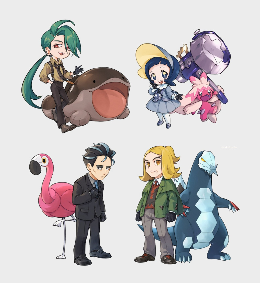 2boys 2girls baxcalibur black_eyes black_gloves black_hair black_pants blonde_hair blue_eyes blue_hair bonnet clodsire collared_shirt dress flamigo formal gloves green_hair grey_background grey_pants hammer hassel_(pokemon) highres larry_(pokemon) multiple_boys multiple_girls necktie open_mouth pants pokemon pokemon_(creature) pokemon_(game) pokemon_sv ponytail poppy_(pokemon) red_eyes rika_(pokemon) shirt smile suit suspenders tako2_eaka tinkaton yellow_eyes