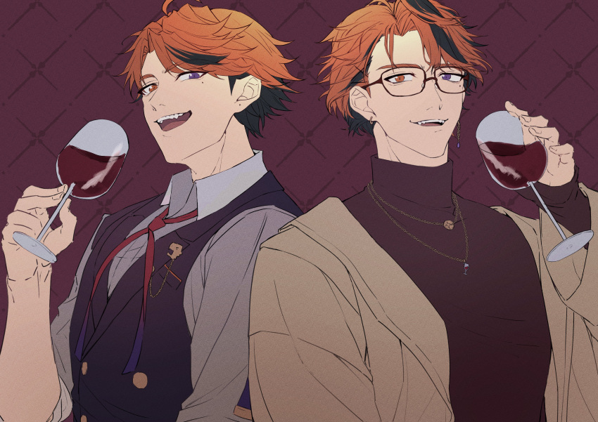 2boys :d absurdres ahoge akaie11 alcohol argyle argyle_background bangs bespectacled black_hair black_vest brown-framed_eyewear brown_jacket brown_shirt chain_necklace collared_shirt cup drinking_glass dual_persona earrings fangs glasses gradient_ribbon grey_shirt heterochromia highres holding holding_cup holostars jacket jewelry lapel_pin looking_at_viewer male_focus mismatched_earrings mole mole_under_eye multicolored_hair multiple_boys neck_ribbon necklace official_alternate_costume orange_eyes orange_hair parted_bangs purple_ribbon red_background red_ribbon ribbon shirt short_hair sleeves_past_wrists sleeves_rolled_up smile streaked_hair teeth turtleneck upper_body upper_teeth_only vest violet_eyes virtual_youtuber wine wine_glass yukoku_roberu