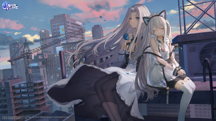 2girls azur_lane bangs bare_shoulders blue_flower blue_rose blue_sky building catzz cityscape closed_eyes closed_mouth clouds copyright_name crane_(machine) dress english_commentary floating_hair flower garter_straps hammann_(azur_lane) hammann_ii_(azur_lane) highres holding holding_flower ladder logo long_hair mixed-language_commentary multiple_girls official_art outdoors pantyhose parted_bangs promotional_art rooftop rose shadow sitting sky skyscraper sleeping sunset thigh-highs thigh_strap white_dress white_hair white_thighhighs yorktown_(azur_lane) yorktown_ii_(azur_lane)