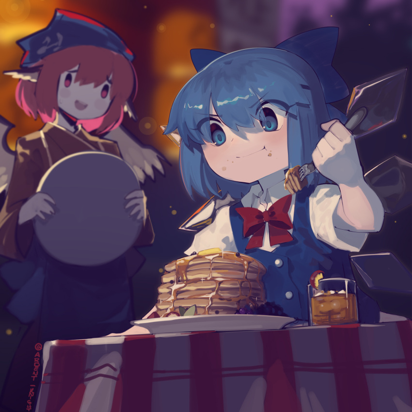 2girls :t animal_ears apron berry bird_ears bird_wings blank_eyes blue_apron blue_bow blue_dress blue_eyes blue_hair blurry blurry_background blush blush_stickers boa_(brianoa) bow bowtie brown_kimono butter buttons cirno closed_mouth collared_shirt commentary cup dress eating english_commentary eyes_visible_through_hair feathered_wings food food_on_face fork hair_bow highres holding holding_fork holding_tray honey ice ice_wings japanese_clothes kimono mug multiple_girls mystia_lorelei okamisty open_mouth pancake pancake_stack pink_eyes pink_hair plate red_bow red_bowtie shirt short_hair short_sleeves sitting syrup table touhou touhou_mystia's_izakaya tray twitter_username v-shaped_eyebrows white_shirt wing_collar wings