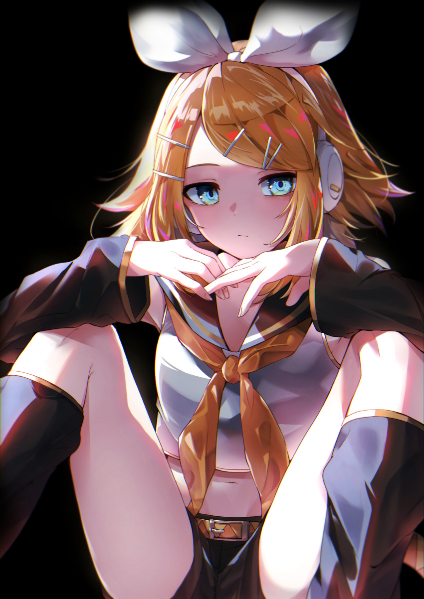 1girl bangs belt_buckle black_background black_sailor_collar black_shorts blonde_hair blue_eyes bow buckle closed_mouth commentary crop_top detached_sleeves expressionless fingernails flipped_hair grey_shirt hair_bow hair_ornament hairband hairclip hands_up harii_(janib5kc) headphones highres kagamine_rin leg_warmers long_sleeves looking_at_viewer medium_hair midriff navel neckerchief orange_belt orange_neckerchief own_hands_together sailor_collar shiny shiny_hair shirt shorts sidelocks sitting sleeveless sleeveless_shirt solo spread_legs swept_bangs vocaloid white_bow white_hairband