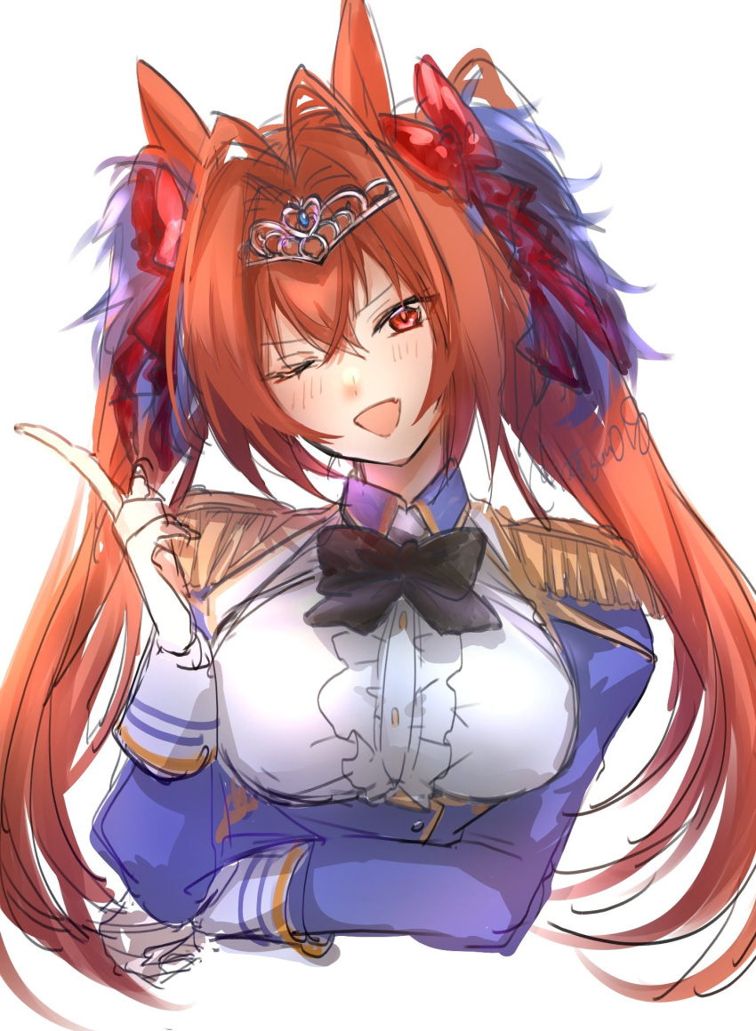 1girl animal_ears bangs black_bow blue_jacket blush bow breasts brown_hair center_frills cropped_torso daiwa_scarlet_(umamusume) epaulettes framed_breasts frills hair_intakes highres horse_ears index_finger_raised jacket large_breasts long_hair long_sleeves nattsun_(018) one_eye_closed open_mouth red_eyes shirt simple_background smile solo tiara twintails twitter_username umamusume upper_body white_background white_shirt