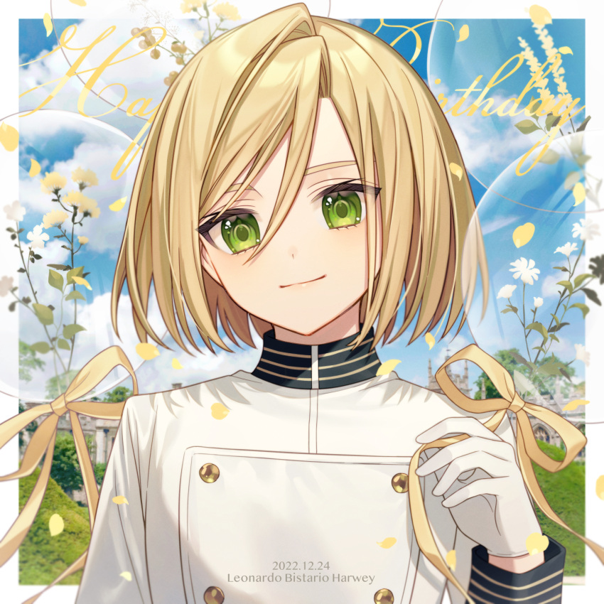 1boy bangs blonde_hair blue_sky character_name closed_mouth clouds cloudy_sky commentary_request dated day eyebrows_hidden_by_hair fate/extra fate_(series) flower gloves green_eyes hair_between_eyes highres karokuchitose leonard_bistario_harway long_sleeves looking_at_viewer male_focus petals ribbon shirt single_hair_intake sky smile solo thick_eyebrows upper_body white_flower white_gloves white_shirt yellow_ribbon