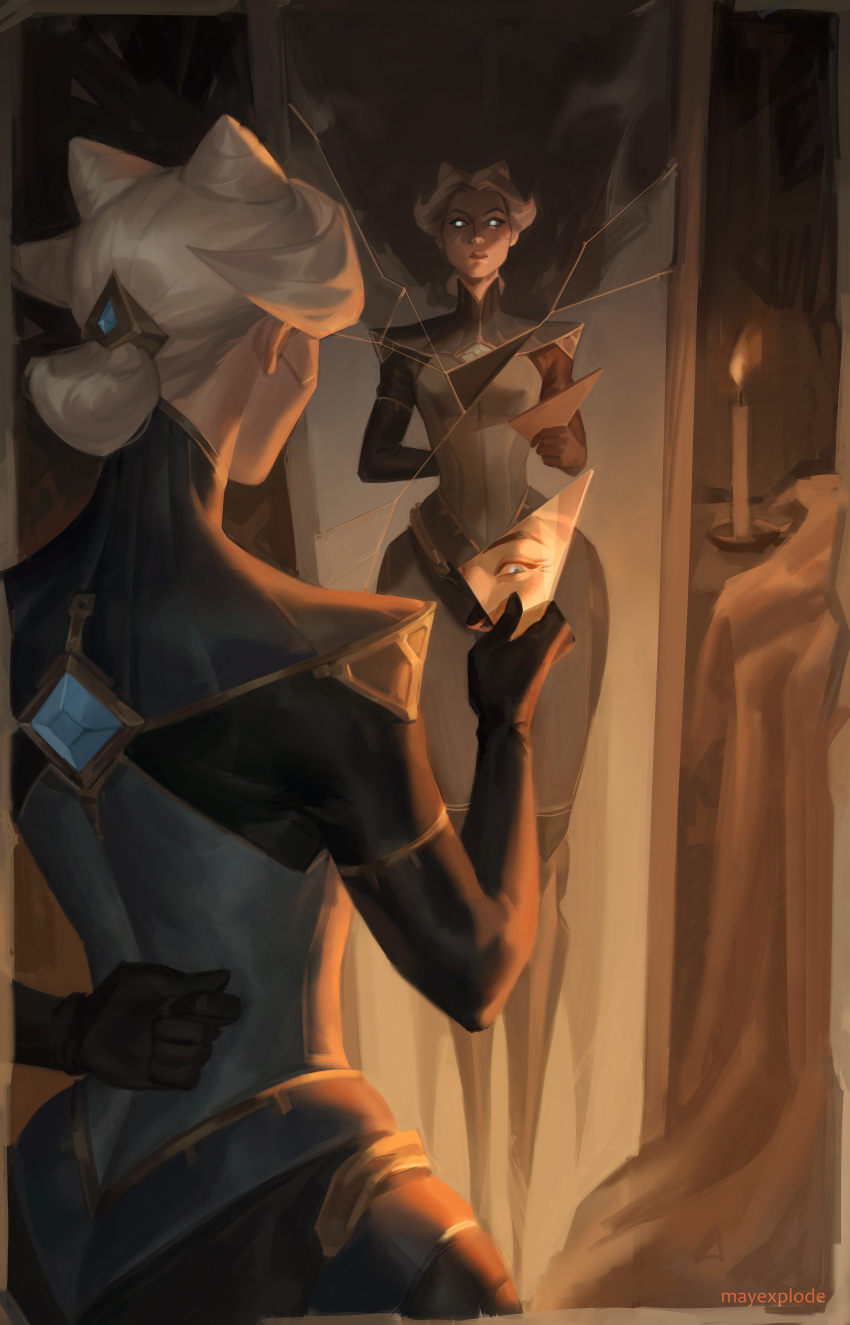 1girl absurdres aina_(mayexplode) arm_behind_back artist_name bangs black_bodysuit bodysuit camille_(league_of_legends) candle glass glowing glowing_eyes hair_ornament hand_up highres holding league_of_legends mirror short_hair solo standing white_hair