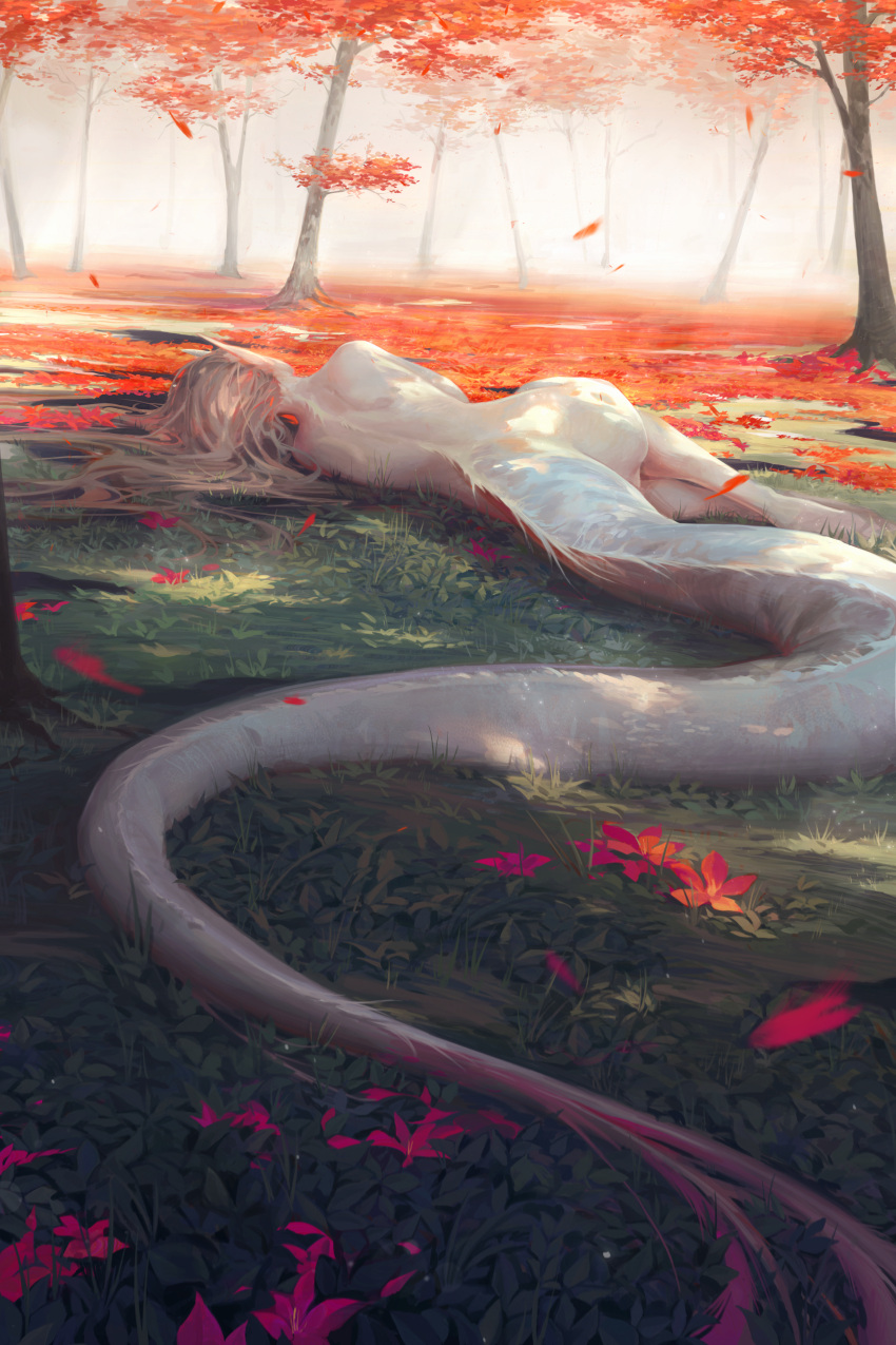 1girl absurdres autumn_leaves body_fur brown_hair commentary completely_nude day dragon_girl dragon_horns dragon_tail english_commentary falling_leaves felix_thirasat flower from_behind full_body grass highres horns leaf lying nude on_side original outdoors pointy_ears red_flower solo tail tree