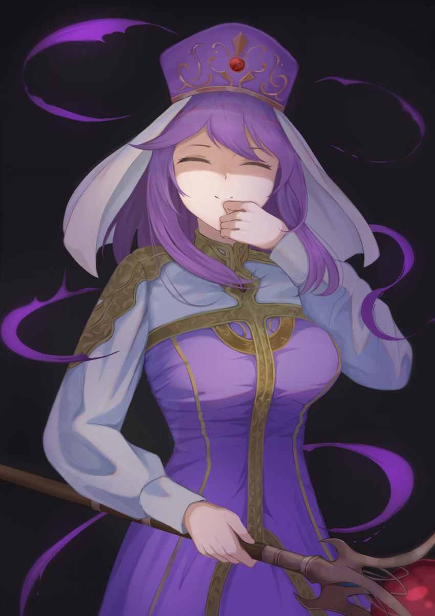 1girl akacolor black_background breasts closed_eyes cowboy_shot dress eremiya fire_emblem fire_emblem:_new_mystery_of_the_emblem hand_on_own_chin hat highres holding holding_staff large_breasts long_hair long_sleeves looking_at_viewer purple_dress purple_hair simple_background smile solo staff white_veil