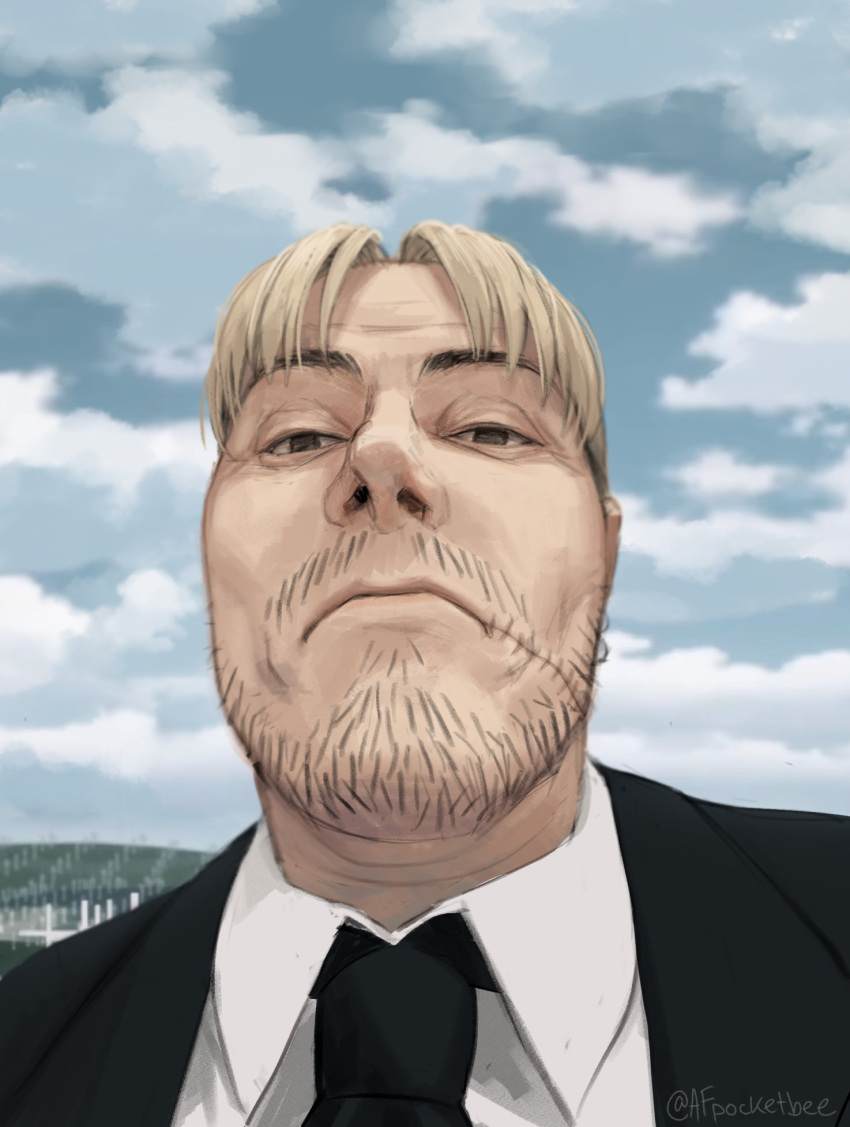 1boy black_jacket black_necktie blonde_hair blue_sky chainsaw_man close-up clouds cloudy_sky collared_shirt facial_hair graveyard highres jacket kishibe_(chainsaw_man) looking_at_viewer meme necktie outdoors pocketbee shirt short_hair sky solo stitched_mouth stitches stubble tombstone twitter_username white_shirt