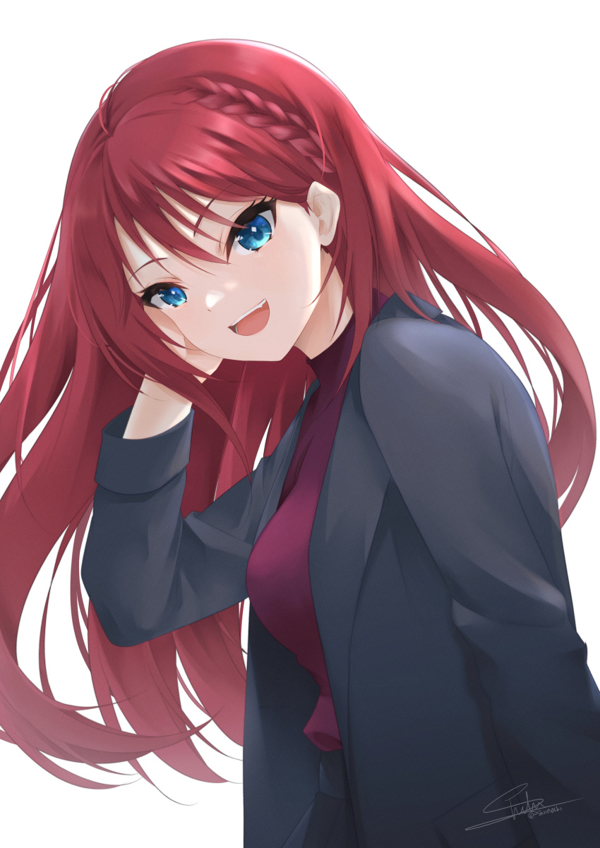 1girl :d absurdres asahina_akane_(nijisanji) bangs black_jacket blue_eyes braid dated floating_hair from_side hair_between_eyes hand_in_own_hair highres jacket long_hair long_sleeves looking_at_viewer nijisanji open_mouth red_sweater redhead shiinochi signature simple_background smile solo sweater upper_body very_long_hair virtual_youtuber white_background