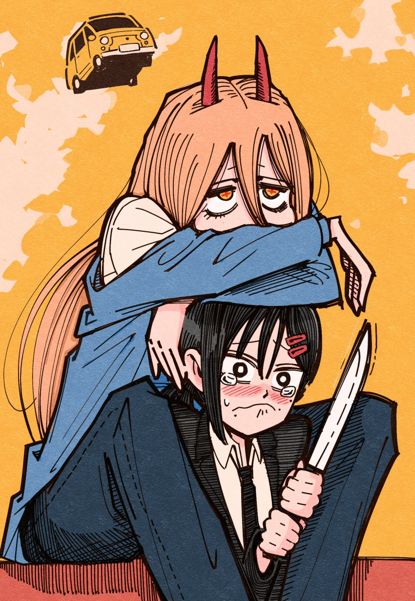 2girls black_hair black_jacket black_necktie blue_jacket brown_hair chainsaw_man collared_shirt cross-shaped_pupils frown hair_between_eyes hair_ornament hairclip hansoom_(latebirdwakeup) higashiyama_kobeni highres holding holding_knife horns jacket knife long_hair looking_to_the_side multiple_girls necktie power_(chainsaw_man) red_horns shaking shirt short_hair short_ponytail single_sidelock sweat symbol-shaped_pupils tearing_up white_shirt yellow_background yellow_eyes