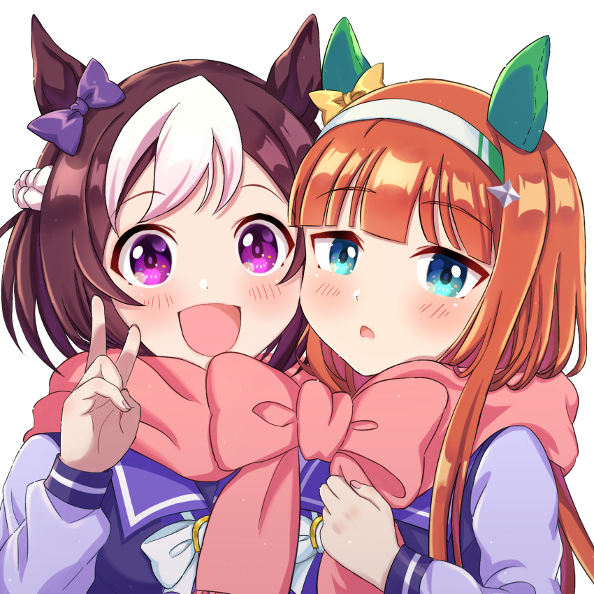 2girls animal_ears aqua_eyes bow brown_hair chestnut_mouth highres hime_cut horse_ears horse_girl long_sleeves mochitsuki_wataame multicolored_hair multiple_girls open_mouth orange_hair purple_serafuku scarf school_uniform serafuku shared_clothes shared_scarf short_hair silence_suzuka_(umamusume) simple_background smile special_week_(umamusume) streaked_hair tracen_school_uniform umamusume upper_body v violet_eyes white_background white_bow white_hair yuri